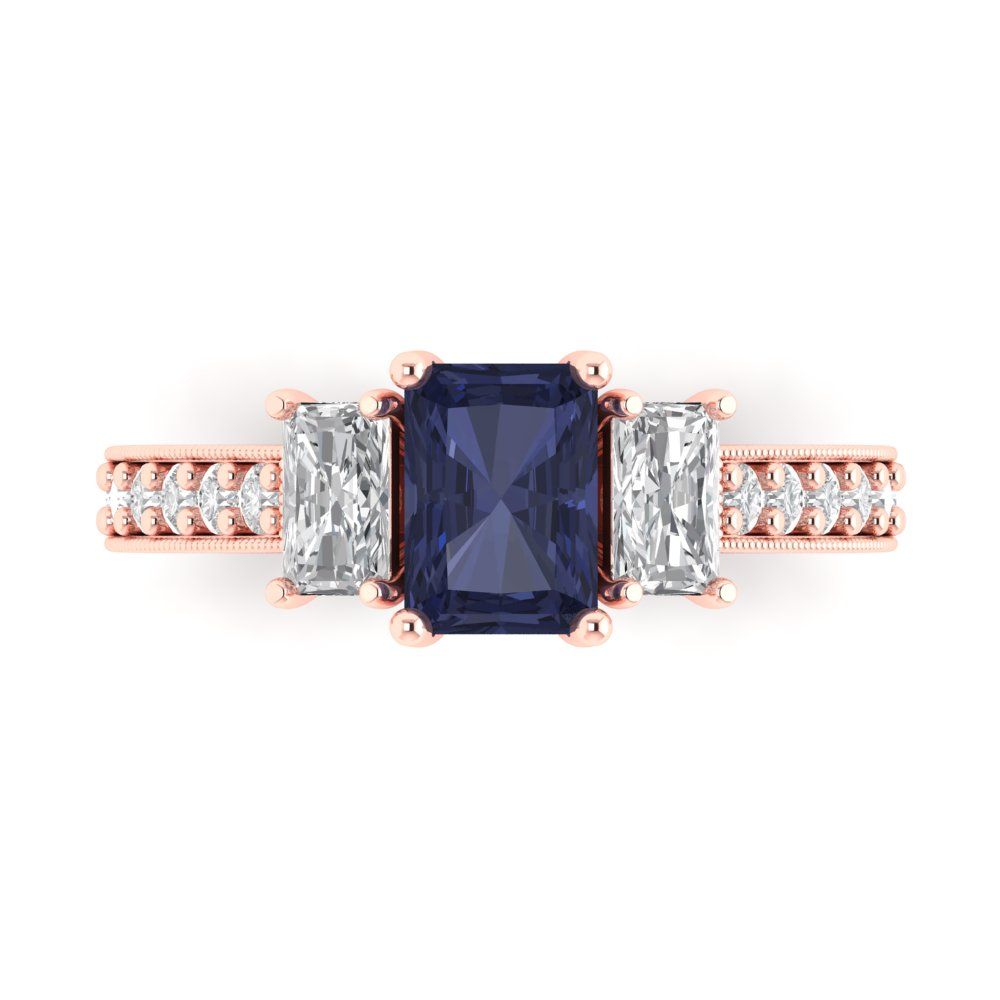 1.88 cttw Simulated Blue Sapphire Three-Stone Engagement Ring - Solid Gold (Emerald Cut,7x5mm)