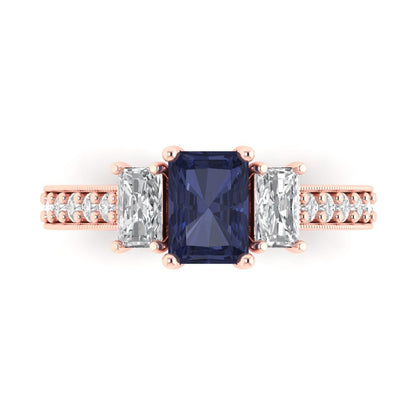 1.88 cttw Simulated Blue Sapphire Three-Stone Engagement Ring - Solid Gold (Emerald Cut,7x5mm)