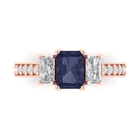 1.88 cttw Simulated Blue Sapphire Three-Stone Engagement Ring - Solid Rose Gold (VVS1, Emerald Cut,7x5mm)