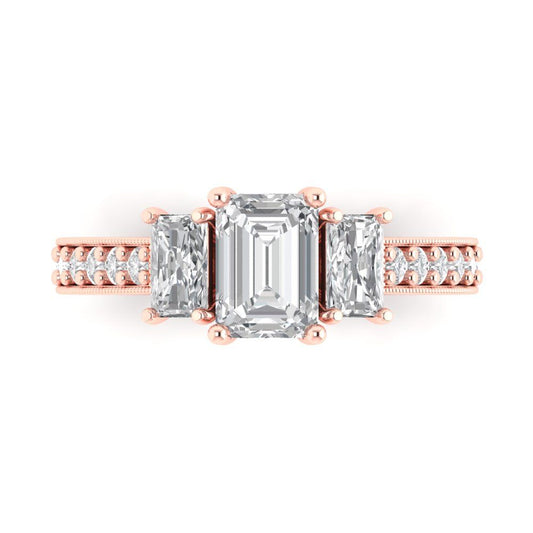 1.88 cttw White Sapphire Three-Stone Engagement Ring - Solid Rose Gold (VVS1, Emerald Cut,7x5mm)