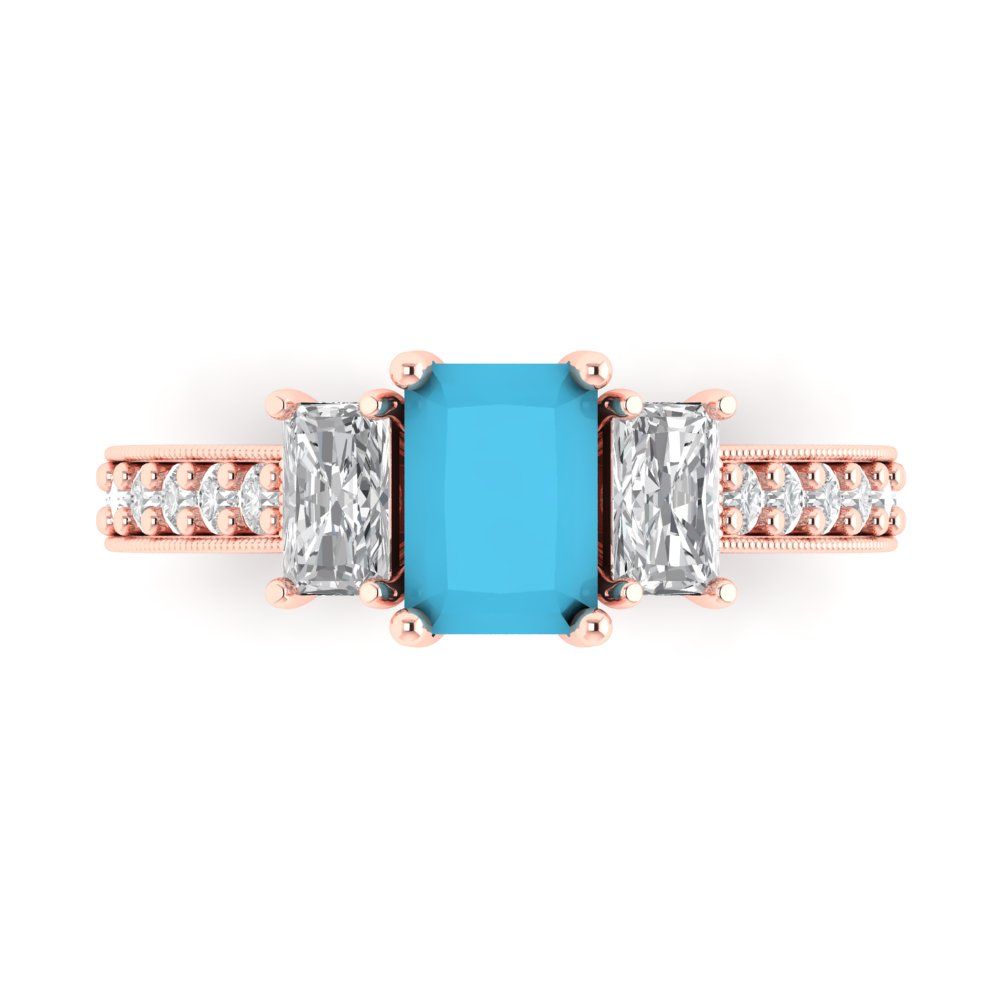 1.88 cttw Simulated Turquoise Three-Stone Engagement Ring - Solid Gold (Emerald Cut,7x5mm)