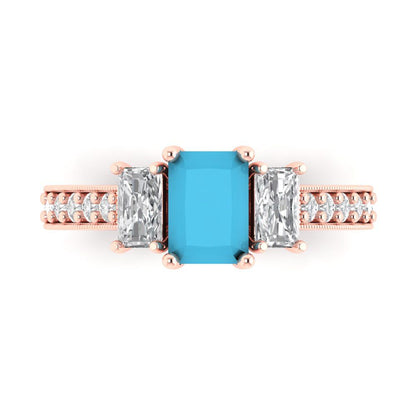 1.88 cttw Simulated Turquoise Three-Stone Engagement Ring - Solid Gold (Emerald Cut,7x5mm)