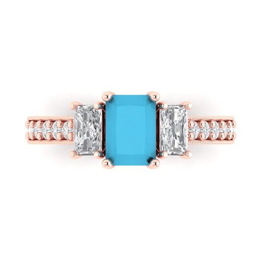 1.88 cttw Simulated Turquoise Three-Stone Engagement Ring - Solid Rose Gold (VVS1, Emerald Cut,7x5mm)