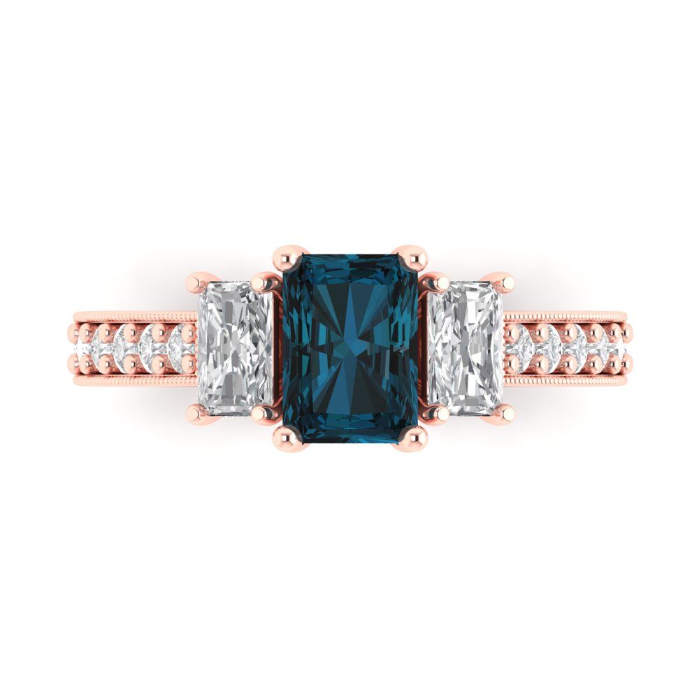 1.88 cttw Natural London Blue Topaz Three-Stone Engagement Ring - Solid Gold (Emerald Cut,7x5mm)