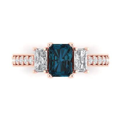 1.88 cttw Natural London Blue Topaz Three-Stone Engagement Ring - Solid Gold (Emerald Cut,7x5mm)