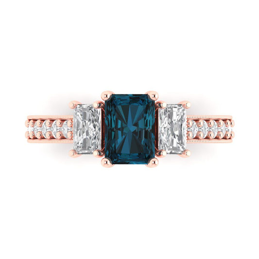 1.88 cttw Natural London Blue Topaz Three-Stone Engagement Ring - Solid Rose Gold (VVS1, Emerald Cut,7x5mm)