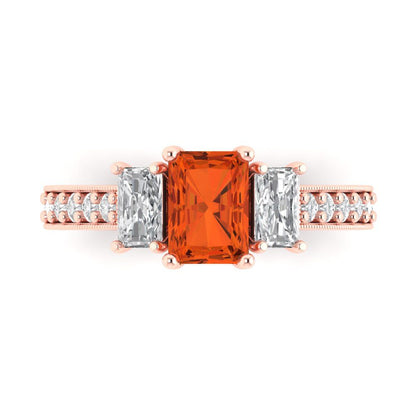 1.88 cttw Zirconia Simulated Red Diamond Three-Stone Engagement Ring - Solid Gold (VVS1, Emerald Cut,7x5mm)