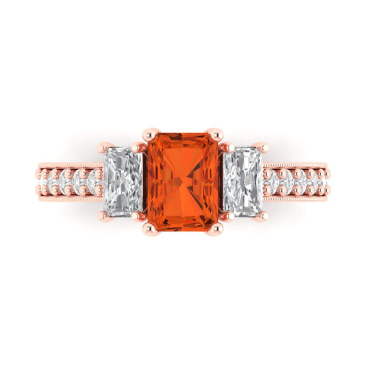1.88 cttw Zirconia Simulated Red Diamond Three-Stone Engagement Ring - Solid Rose Gold (VVS1, Emerald Cut,7x5mm)