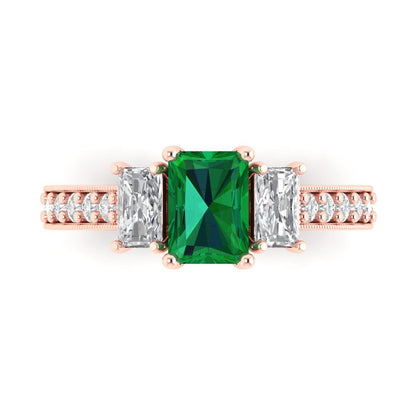 1.88 cttw Simulated Emerald Three-Stone Engagement Ring - Solid Gold (Emerald Cut,7x5mm)