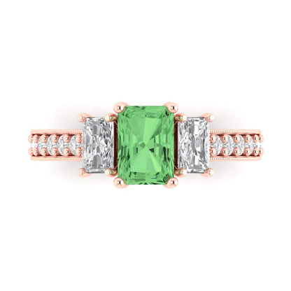 1.88 cttw Zirconia Simulated Green Diamond Three-Stone Engagement Ring - Solid Gold (VVS1, Emerald Cut,7x5mm)