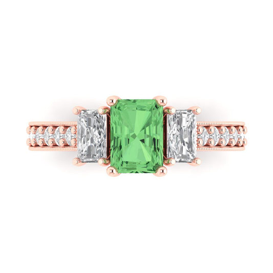 1.88 cttw Zirconia Simulated Green Diamond Three-Stone Engagement Ring - Solid Rose Gold (VVS1, Emerald Cut,7x5mm)