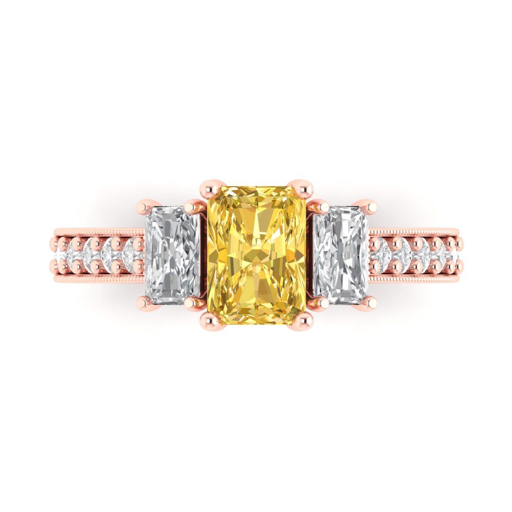 1.88 cttw Zirconia Simulated Yellow Diamond Three-Stone Engagement Ring - Solid Gold (VVS1, Emerald Cut,7x5mm)