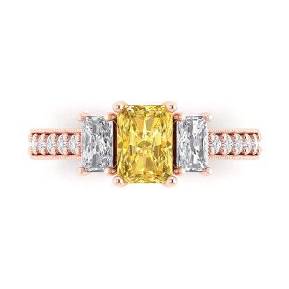 1.88 cttw Zirconia Simulated Yellow Diamond Three-Stone Engagement Ring - Solid Gold (VVS1, Emerald Cut,7x5mm)