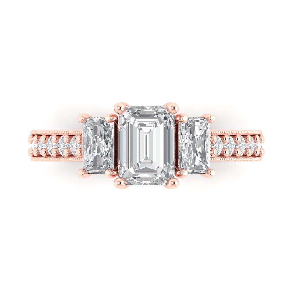 1.88 cttw Zirconia Simulated Diamond Three-Stone Engagement Ring - Solid Rose Gold (VVS1, Emerald Cut,7x5mm)