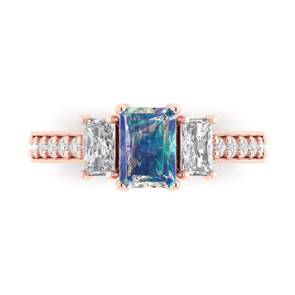 1.88 cttw Blue Moissanite Three-Stone Engagement Ring - Solid Gold (Emerald Cut,7x5mm)