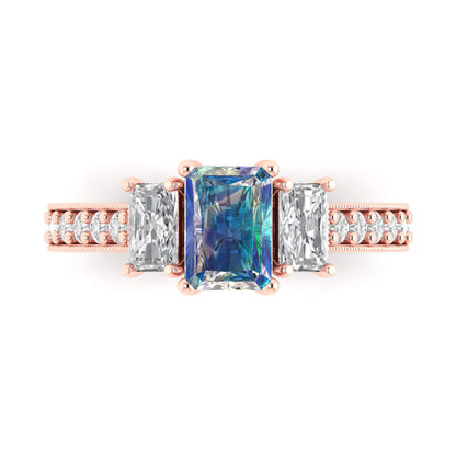 1.88 cttw Blue Moissanite Three-Stone Engagement Ring - Solid Gold (Emerald Cut,7x5mm)