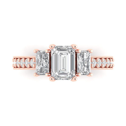 1.88 cttw Moissanite Three-Stone Engagement Ring - Solid Rose Gold (VVS1, Emerald Cut,7x5mm)