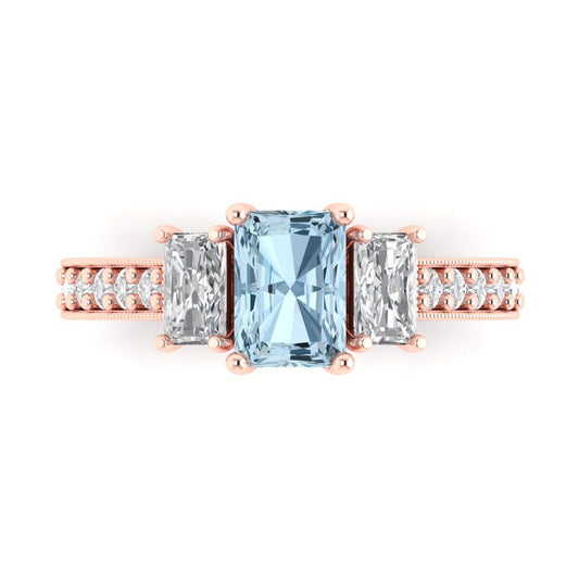 1.88 cttw Zirconia Simulated Blue Diamond Three-Stone Engagement Ring - Solid Rose Gold (VVS1, Emerald Cut,7x5mm)