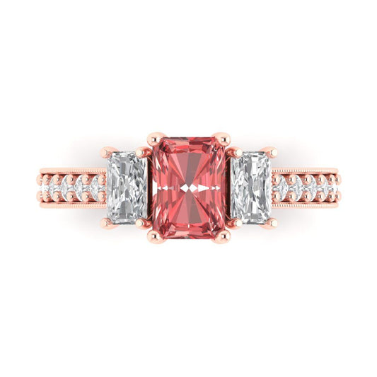 1.88 cttw Natural Garnet Three-Stone Engagement Ring - Solid Rose Gold (VVS1, Emerald Cut,7x5mm)
