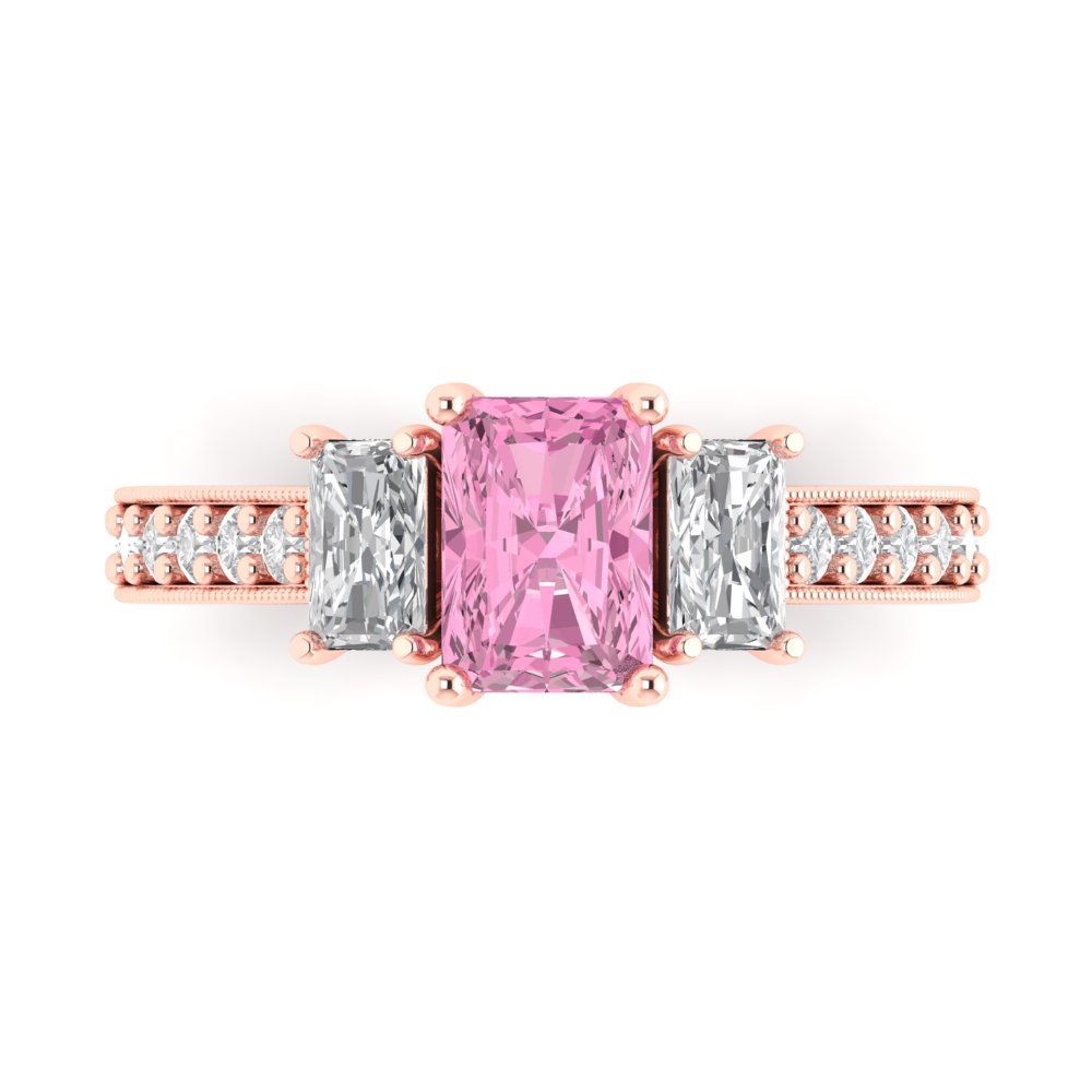 1.88 cttw Zirconia Simulated Pink Diamond Three-Stone Engagement Ring - Solid Gold (VVS1, Emerald Cut,7x5mm)