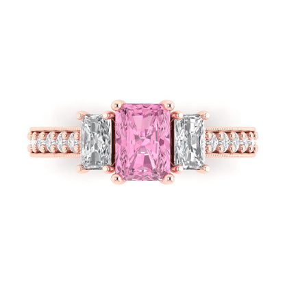 1.88 cttw Zirconia Simulated Pink Diamond Three-Stone Engagement Ring - Solid Gold (VVS1, Emerald Cut,7x5mm)