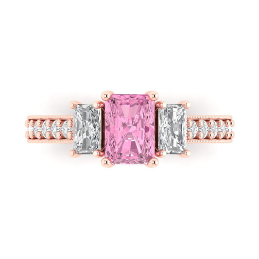1.88 cttw Zirconia Simulated Pink Diamond Three-Stone Engagement Ring - Solid Rose Gold (VVS1, Emerald Cut,7x5mm)