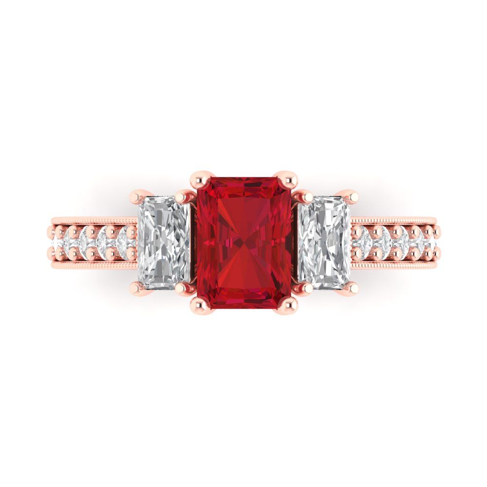 1.88 cttw Simulated Ruby Three-Stone Engagement Ring - Solid Rose Gold (VVS1, Emerald Cut,7x5mm)