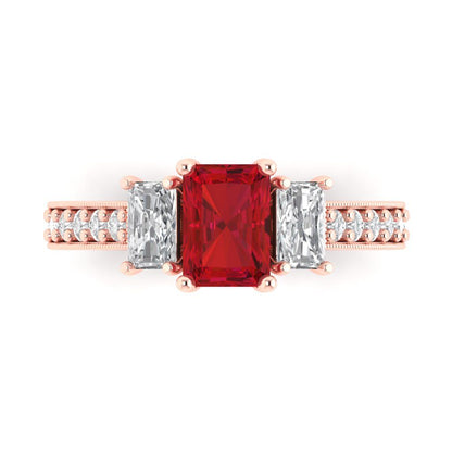 1.88 cttw Simulated Ruby Three-Stone Engagement Ring - Solid Rose Gold (VVS1, Emerald Cut,7x5mm)