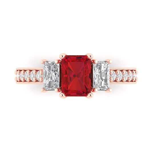1.88 cttw Simulated Ruby Three-Stone Engagement Ring - Solid Rose Gold (VVS1, Emerald Cut,7x5mm)