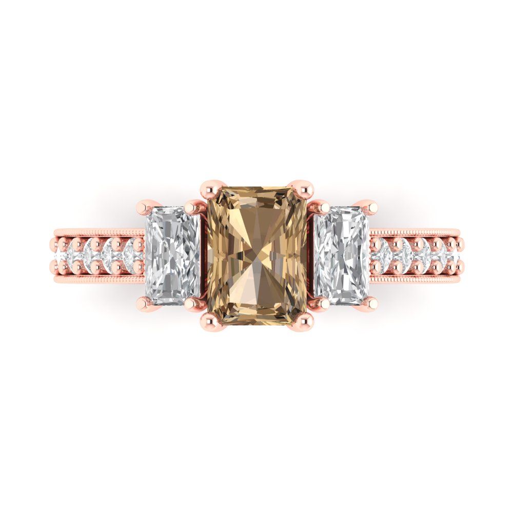 1.88 cttw Zirconia Simulated Champagne Diamond Three-Stone Engagement Ring - Solid Gold (VVS1, Emerald Cut,7x5mm)