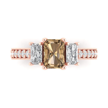 1.88 cttw Zirconia Simulated Champagne Diamond Three-Stone Engagement Ring - Solid Gold (VVS1, Emerald Cut,7x5mm)