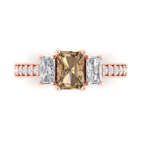 1.88 cttw Zirconia Simulated Champagne Diamond Three-Stone Engagement Ring - Solid Rose Gold (VVS1, Emerald Cut,7x5mm)