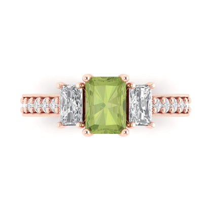 1.88 cttw Natural Peridot Three-Stone Engagement Ring - Solid Gold (Emerald Cut,7x5mm)