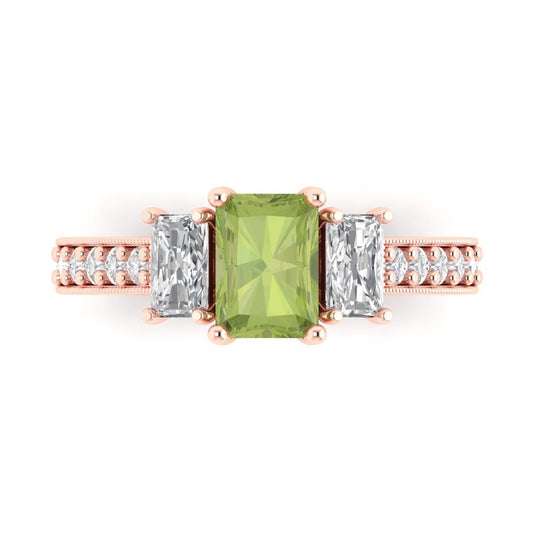 1.88 cttw Natural Peridot Three-Stone Engagement Ring - Solid Rose Gold (VVS1, Emerald Cut,7x5mm)