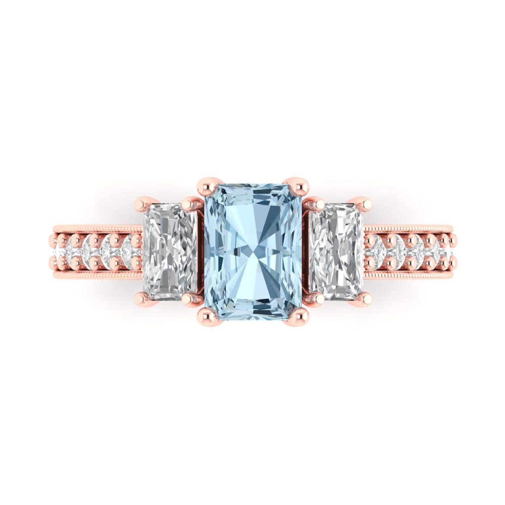 1.88 cttw Natural Aquamarine Three-Stone Engagement Ring - Solid Rose Gold (VVS1, Emerald Cut,7x5mm)