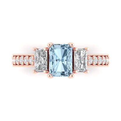 1.88 cttw Natural Aquamarine Three-Stone Engagement Ring - Solid Rose Gold (VVS1, Emerald Cut,7x5mm)