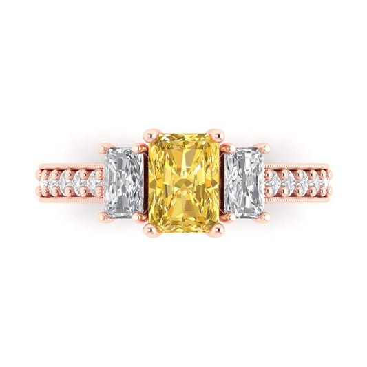 1.88 cttw Natural Citrine Three-Stone Engagement Ring - Solid Rose Gold (VVS1, Emerald Cut,7x5mm)