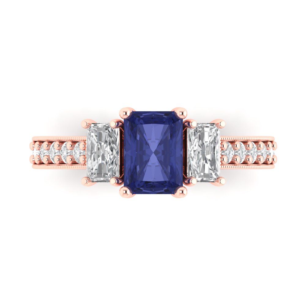 1.88 cttw Simulated Tanzanite Three-Stone Engagement Ring - Solid Gold (Emerald Cut,7x5mm)
