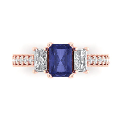 1.88 cttw Simulated Tanzanite Three-Stone Engagement Ring - Solid Gold (Emerald Cut,7x5mm)
