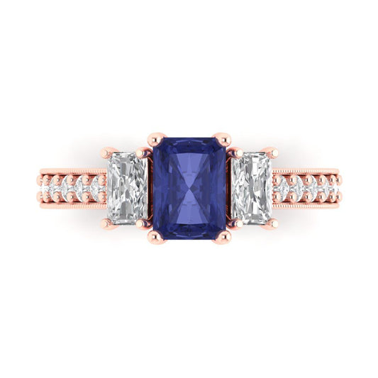 1.88 cttw Simulated Tanzanite Three-Stone Engagement Ring - Solid Rose Gold (VVS1, Emerald Cut,7x5mm)