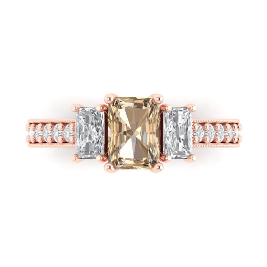 1.88 cttw Yellow Moissanite Three-Stone Engagement Ring - Solid Rose Gold (VVS1, Emerald Cut,7x5mm)