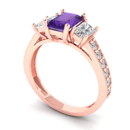 1.88 cttw Natural Amethyst Three-Stone Engagement Ring - Solid Gold (Emerald Cut,7x5mm)