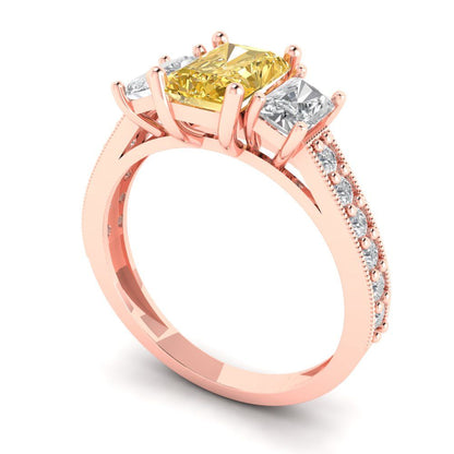 1.88 cttw Yellow Moissanite Three-Stone Engagement Ring - Solid Gold (Emerald Cut,7x5mm)