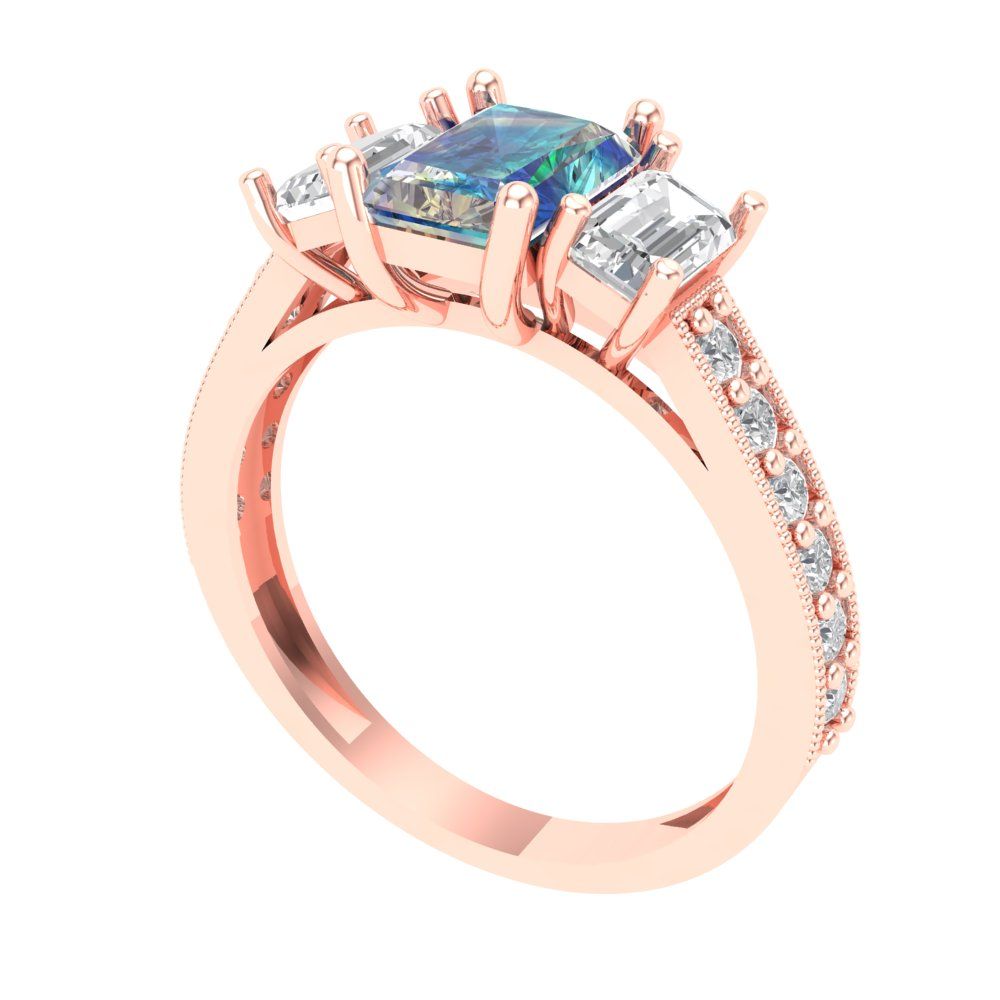 1.88 cttw Blue Moissanite Three-Stone Engagement Ring - Solid Gold (Emerald Cut,7x5mm)