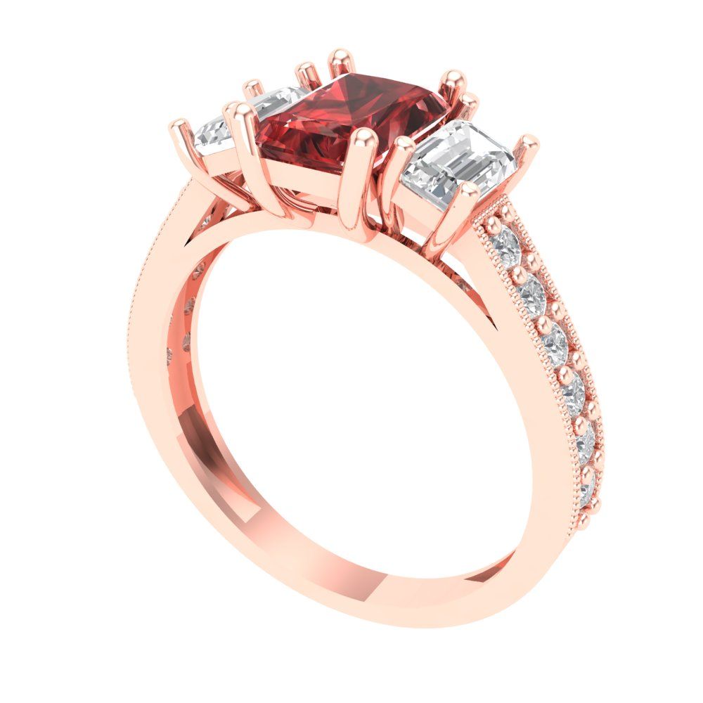 1.88 cttw Natural Garnet Three-Stone Engagement Ring - Solid Gold (Emerald Cut,7x5mm)