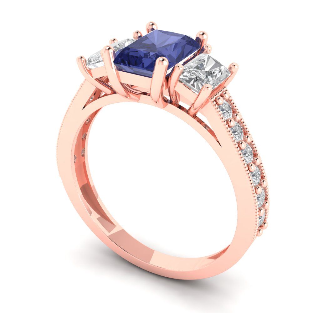 1.88 cttw Simulated Tanzanite Three-Stone Engagement Ring - Solid Gold (Emerald Cut,7x5mm)