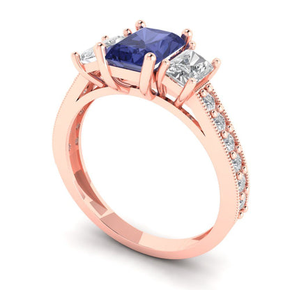 1.88 cttw Simulated Tanzanite Three-Stone Engagement Ring - Solid Gold (Emerald Cut,7x5mm)