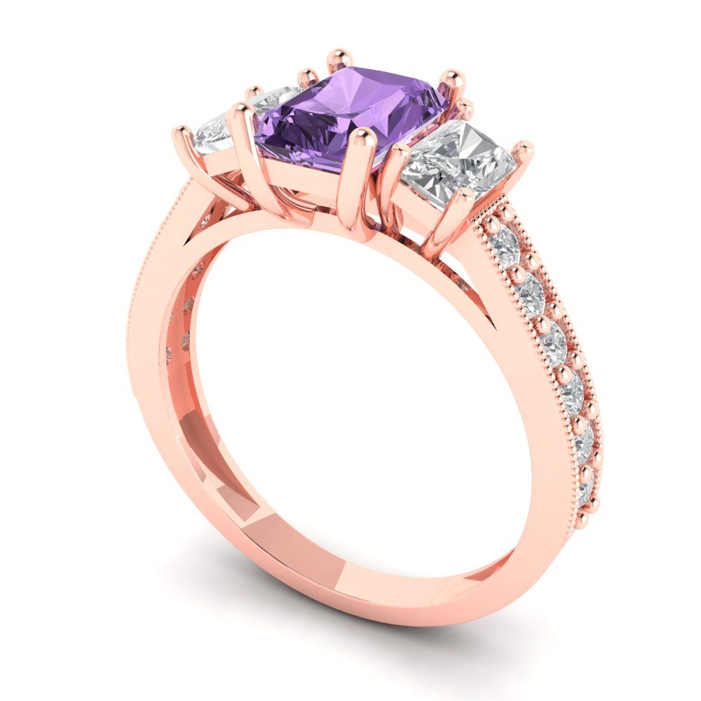 1.88 cttw Simulated Alexandrite Three-Stone Engagement Ring - Solid Rose Gold (VVS1, Emerald Cut,7x5mm)