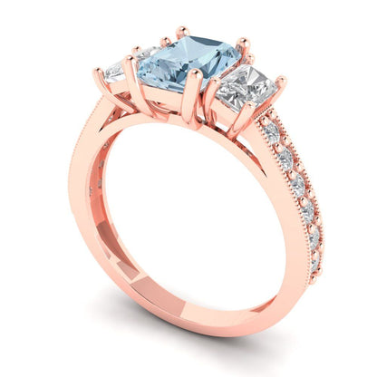 1.88 cttw Natural Aquamarine Three-Stone Engagement Ring - Solid Rose Gold (VVS1, Emerald Cut,7x5mm)