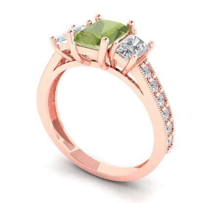1.88 cttw Natural Peridot Three-Stone Engagement Ring - Solid Gold (Emerald Cut,7x5mm)